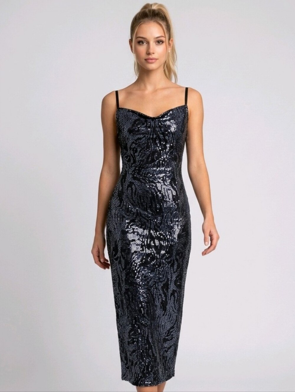 bebe zebra sequin midi dress spaghetti straps blue black